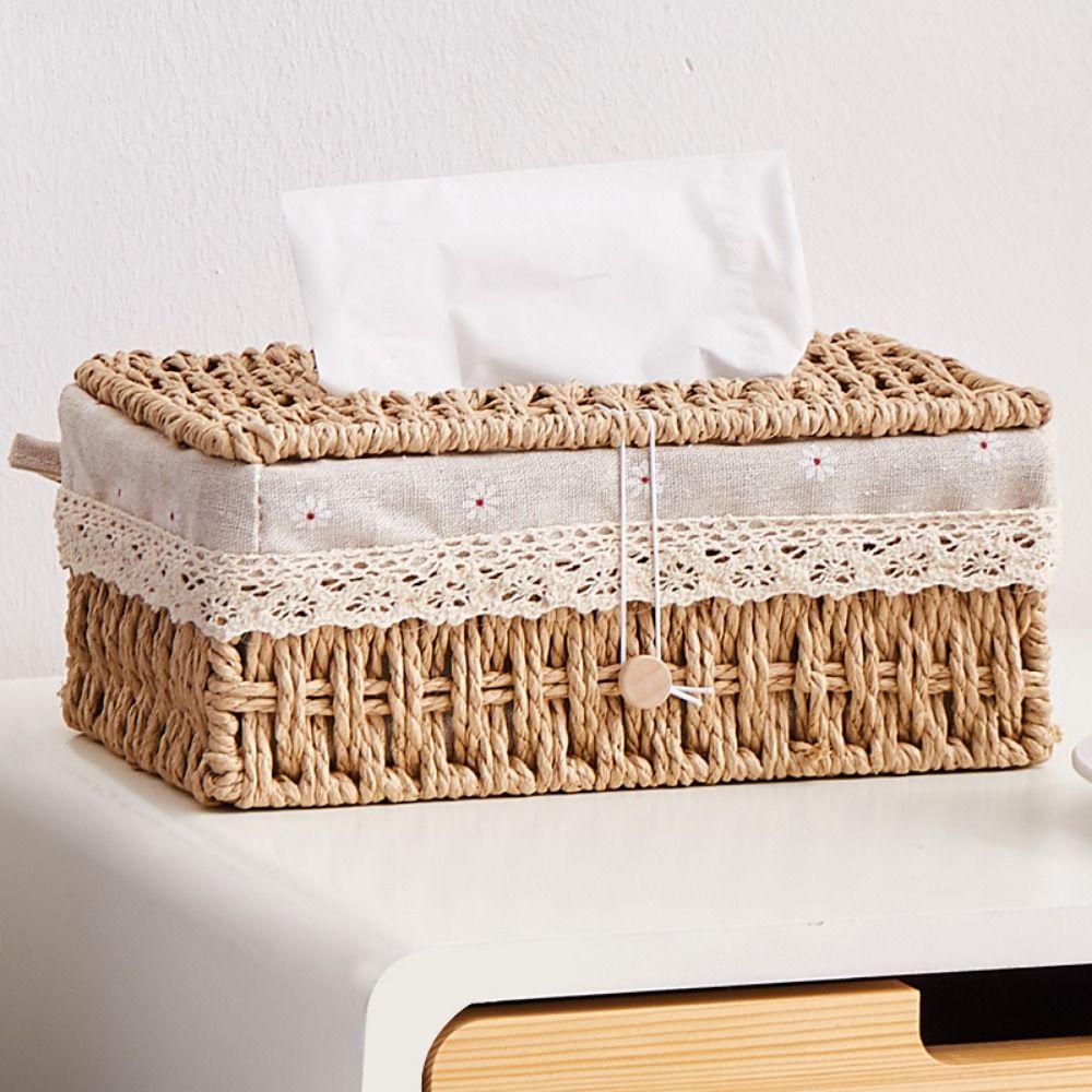 Household Tissue Holder Hand Woven Tissue Box Cover Multi-functional Napkin Case Bathroom