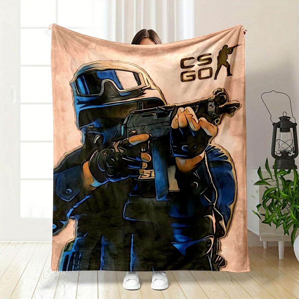 Illustration of a tactical figure aiming a weapon, with "CS GO" emblem nearby. for all seasons blanket lunch break throw gift