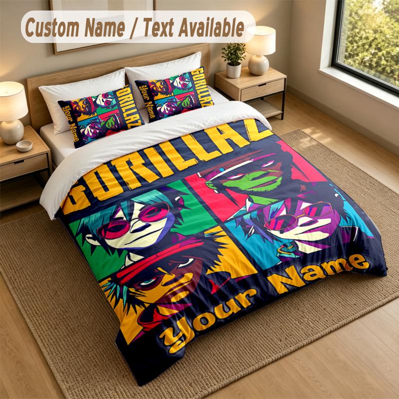 3Pcs Bedding Set Custom Name Text, 1 Sheet 2 Pillowcases Home Bed DecorGorillaz