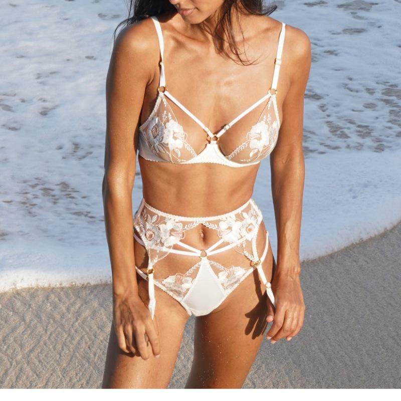 Европейский и американский сексуальный вышитый комплект нижнего белья - Прозрачный вырез Искушение, Дразнящая страсть Набор из трех предметов