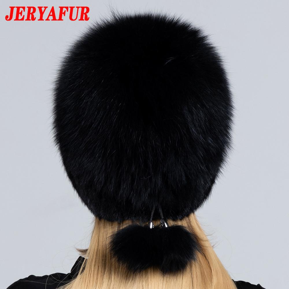 JERYAFUR Женская зимняя меховая шапка из натурального меха, вязаная меховая шапка с помпоном из норки и лисы с шариками, стильная теплая модная шапка для девочек, шапка