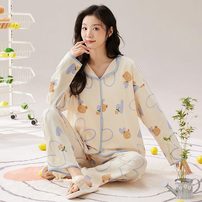 Медведь Синий Цветок Женский Пижамный Комплект Длинные Рукава Длинные Штаны Осень Зима Милый Кавайный Пижамы Пижамы Мягкие Пижамы Дамы Уютные