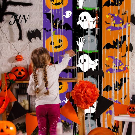 Holiday Party Backdrop Foil Fringe Curtain for Halloween, Orange Purple Black Background Tinsel Photo Booth Props, Pumpkin Ghost Bat Halloween