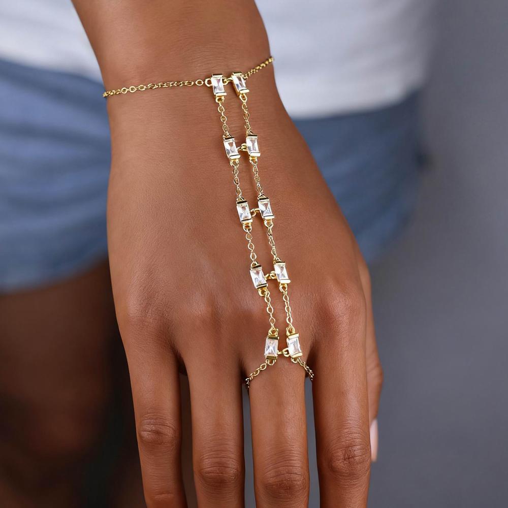Iced Out Green Black White Cubic Zircons Paved Double Tassel Chain Bracelet for Women Party Wedding Finger Hand Bracelet Jewelry