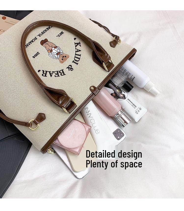 Katie Bear Retro Embroidery Color Block Large Capacity Shoulder Tote Bag 2025