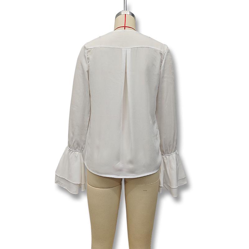 Весенняя блузка с V-образным вырезом и оборками, с длинным рукавом - Женская мода в европейском и американском стиле