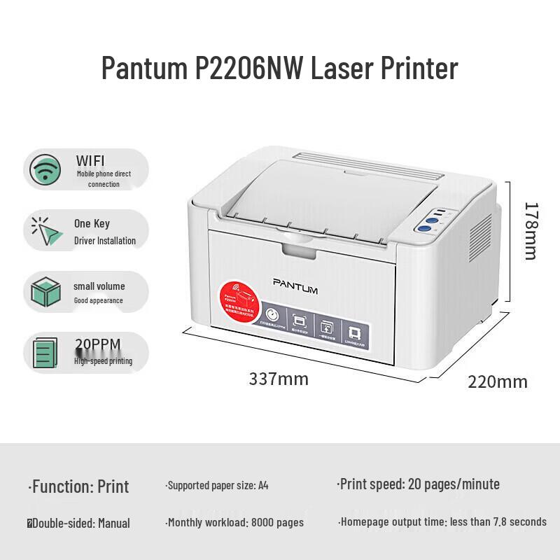 Pantum P2206NW Monochrome Laser Printer CN plug (adapter included)