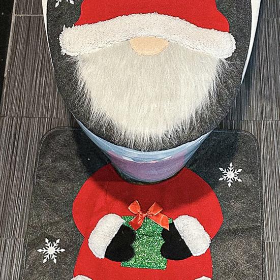 Yousheng Santa Toilet Seat Cover 2-Piece Christmas Bathroom Set Santa Claus Toilet Seat Cover And Mat Set for New Year Indoor Bathroom Decor