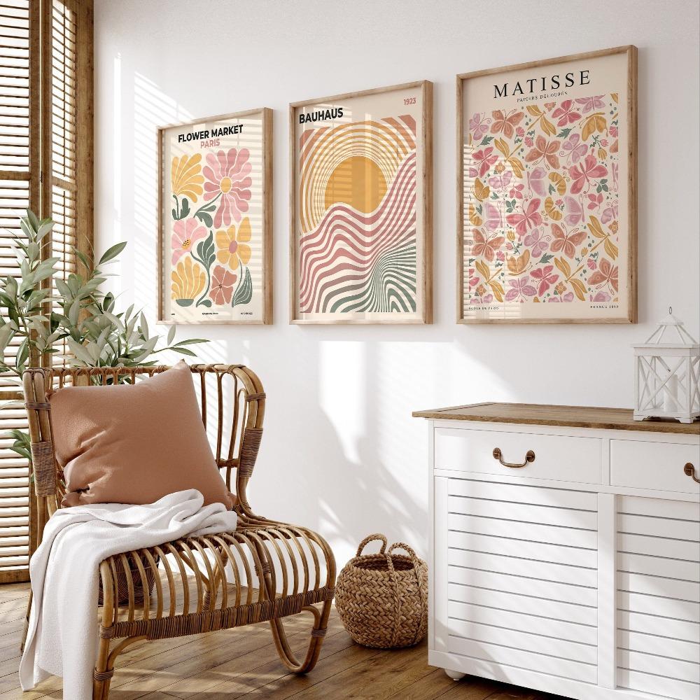 3pcs Frameless Bohemian Canvas Wall Art,Abstract Flowers and Bauhaus Aesthetics,Retro Style Posters,Bedroom,Living Room Decor