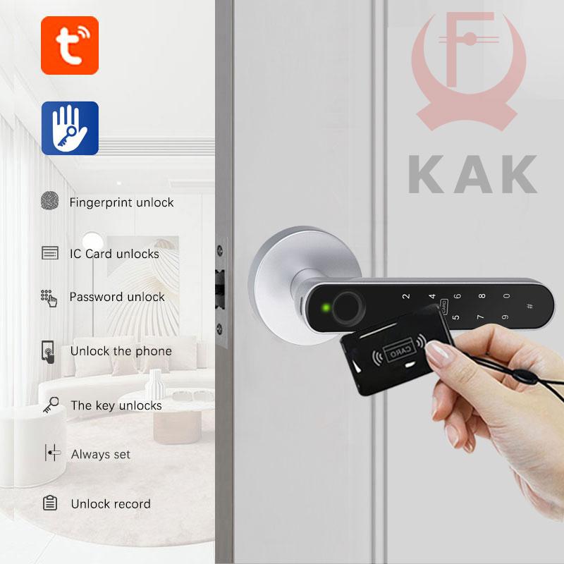KAK Tuya Handle Fingerprint Key Card Digital Smart Door Lock Keypad Key Entry Electronic Lock 180 Days Super Long Standby Time