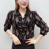Female Clothing Wave Printed V-Neck Shirt Bandage Spring Autumn Diamonds Chic Pearl Three-dimensional Decoration Blouse