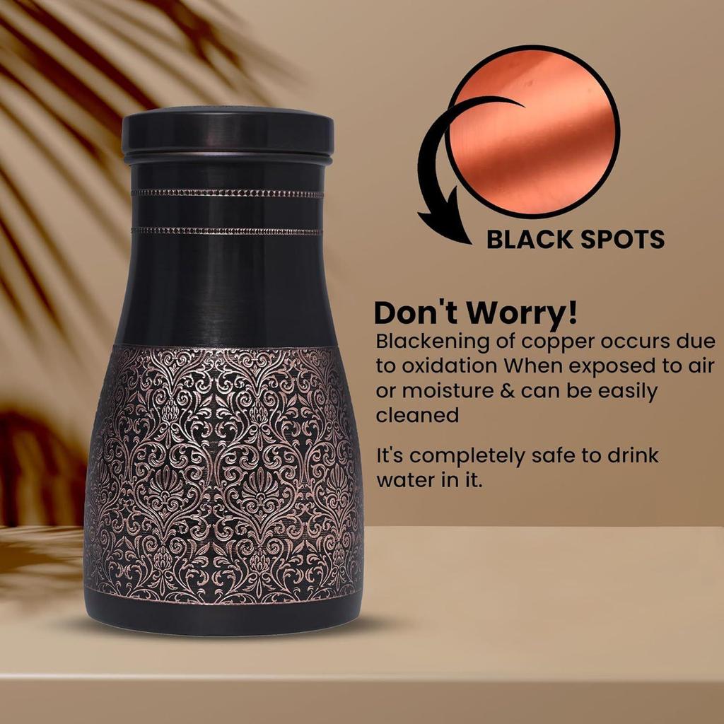 Бутылка/банка для аюрведической воды из меди премиум-класса со встроенным стеклом, черная античная глянцевая отделка, подходит для дома, столовой и комнаты. - 1000 мл