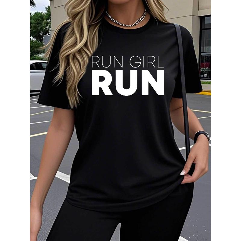 Женская футболка с коротким рукавом с креативным дизайном RUN Running с модными и забавными принтами. У него эластичный круглый вырез