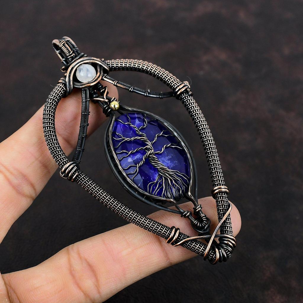 Кулон с граненым синим сапфиром «Дерево жизни», обернутый медной проволокой, ювелирное изделие ручной работы, подвеска из драгоценного камня «Радужный лунный камень», обернутая медной проволокой