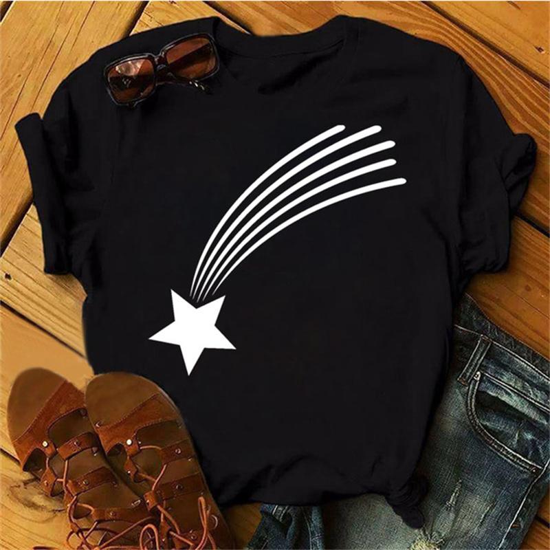 Maycaur Woman Star Moon Print Harajuku Летние футболки Повседневная футболка с круглым вырезом и коротким рукавом Женская черная футболка Прямая поставка
