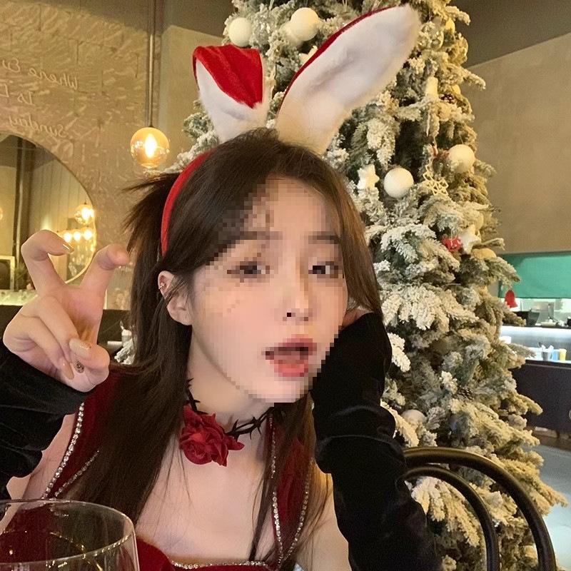 Корейский ободок с бархатными кроличьими ушками – Рождественская версия для женщин