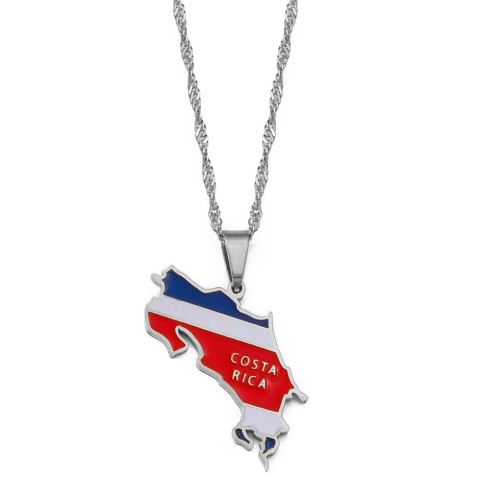Costa Rica Flag Charm Necklace La Republica De Costa Rica Map Pendant with Thin Stainless Steel and Silver Chain #208721