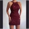 2025 New Fashion Neck Sexy Crystal Fringed Hip Sequined Dress Mid Waist Evening Dress