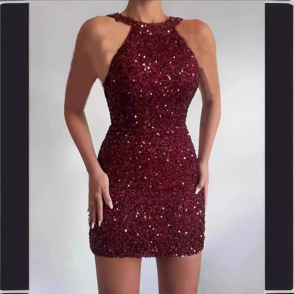 2025 New Fashion Neck Sexy Crystal Fringed Hip Sequined Dress Mid Waist Evening Dress