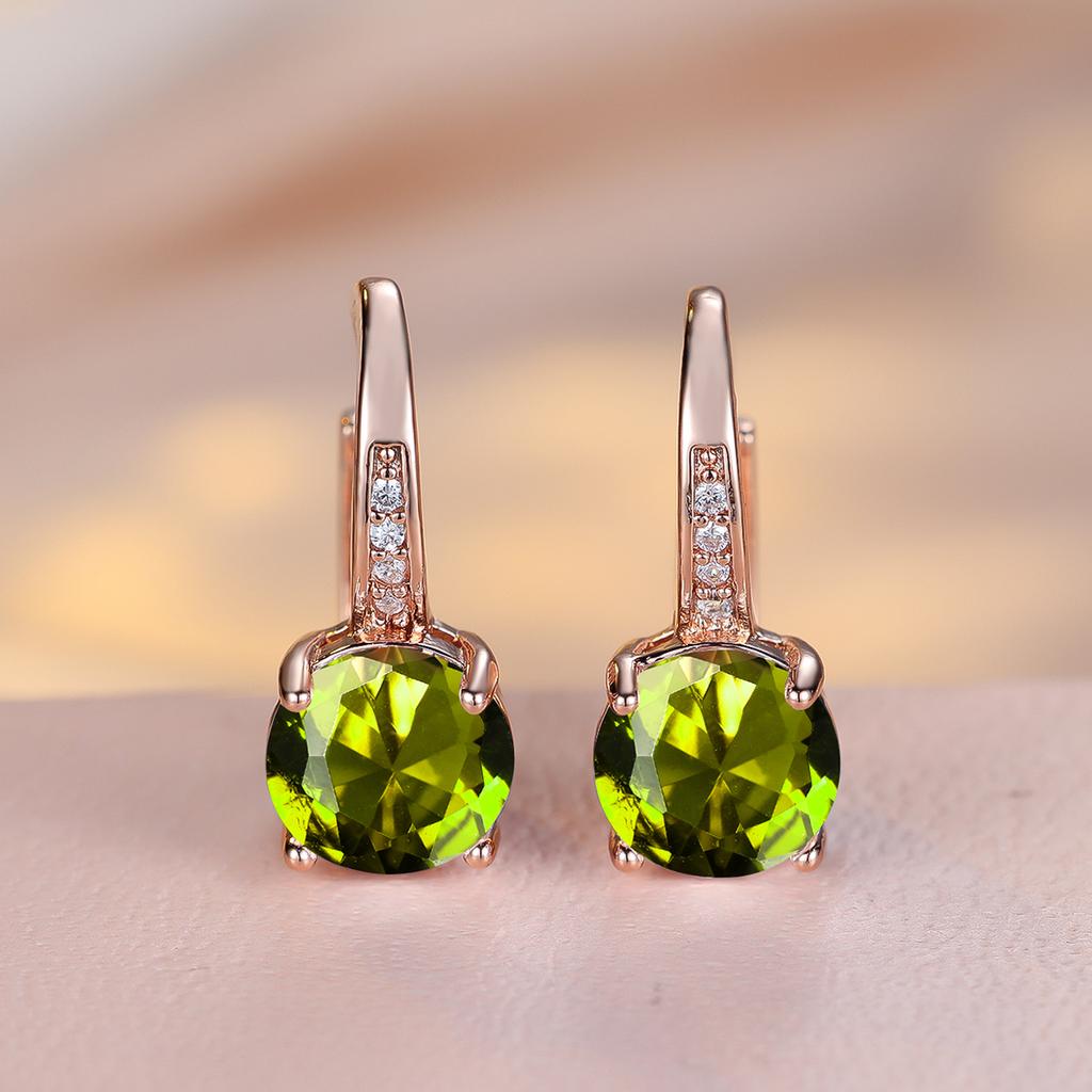 1 Pair Rose Golden Color Round Cut White Blue Red Green Stone Drop Earrings Fashion Women Wedding Jewelry Luxury Accessories