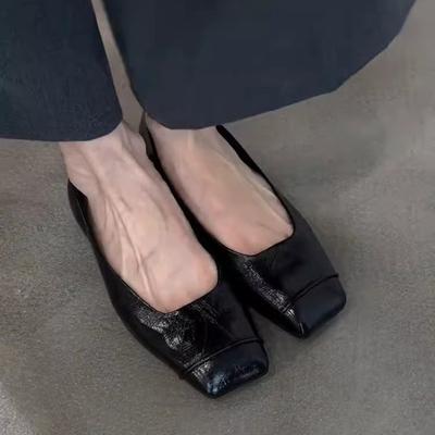 Версия из овчины~ черные ретро тонкая кожа удобные для通勤 плоские туфли женские минималистичные с квадратным носком слипоны маленькие одинарные туфли