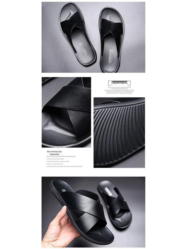 Men's Genuine Leather Korean Style Sandals - Trendy, Non-Slip Beach Flip-Flops