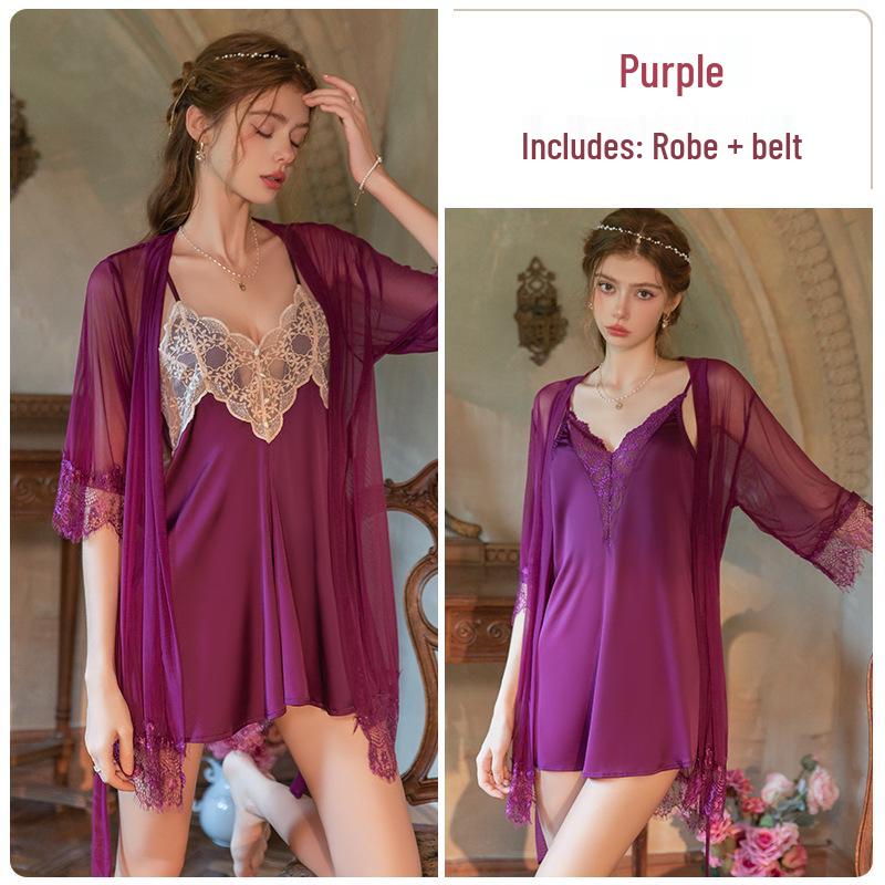 Элегантный кружевной пижамный комплект для весны/лета: Ночная сорочка-майка с открытой спиной и кардиган