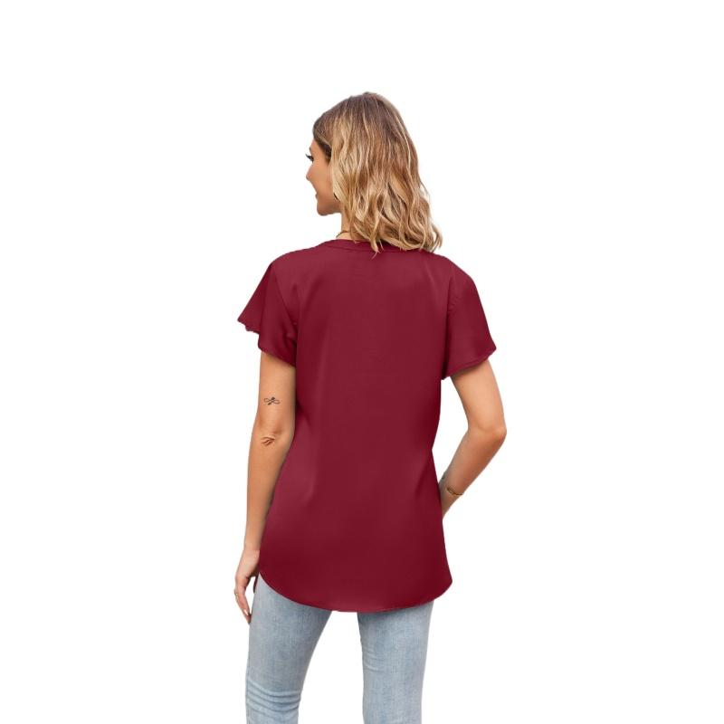 Летняя футболка в европейском и американском стиле, новый женский атласный топ с v-образным вырезом и рюшами на рукавах, модный офисный топ S-2XL