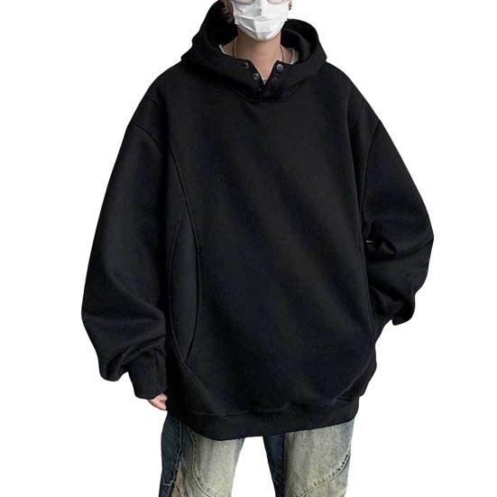 Fall Winter Men Hoodie with Big Pockets Buttoned Hood Loose Elastic Cuff Warm Pullover Mid Length Hip Hop Solid Color Top for Sport Daily Wear