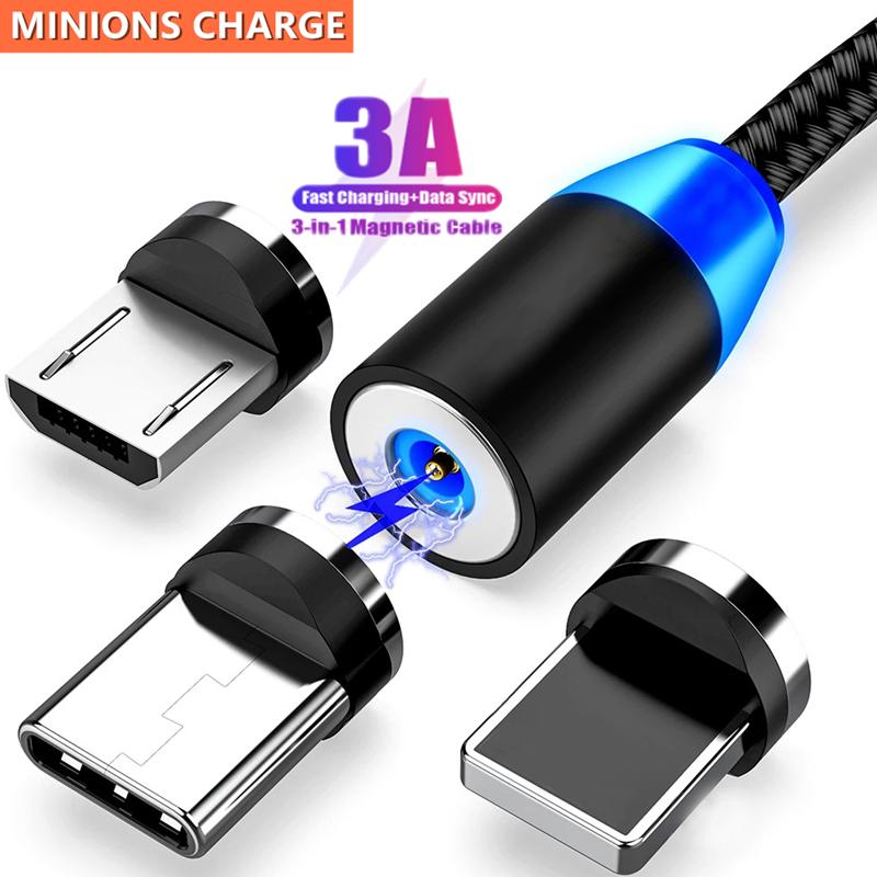 3A светодиодный магнитный USB-кабель для быстрой зарядки iPhone, кабель типа C, магнитное зарядное устройство, зарядка данных, кабель Micro USB, кабель для мобильного телефона, USB-шнур
