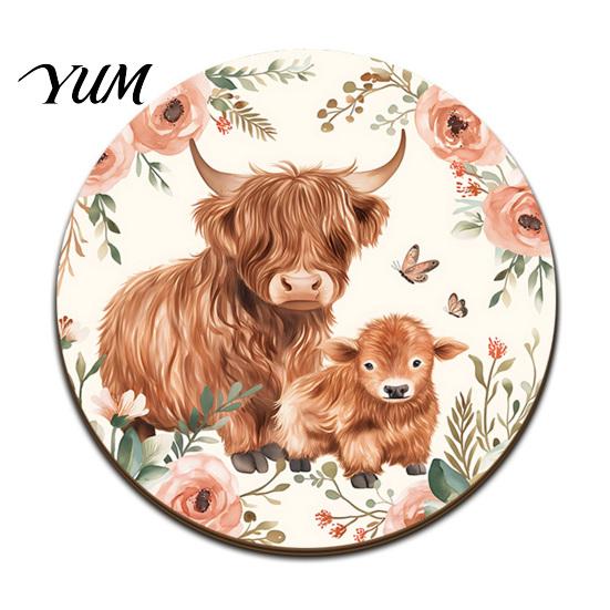 Durable Wear Resistant Drink Coasters Highland Cow Cork Coasters, Cute Floral Farmhouse Mats with Heat Cup Non-Slip Base, Table Protector for