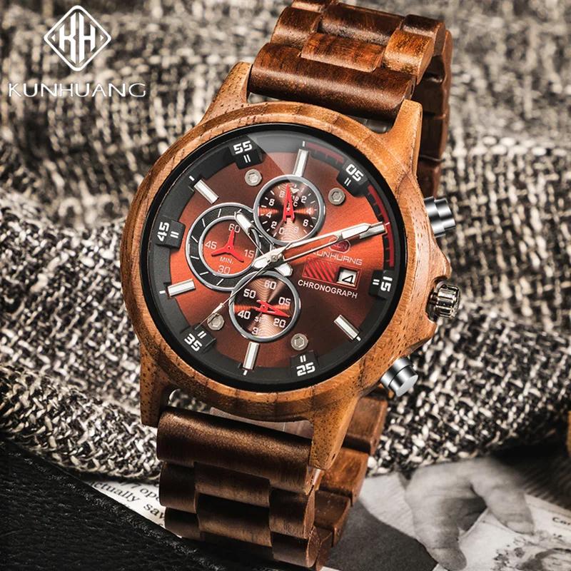 KUNHUANG Authentic Man Luxury Watch Natural Wooden Handmade Watch Quartz Movement Chronograph Sports Watch Zebra New Men's Watch
