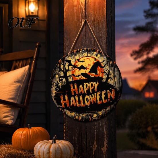 Vintage Style Holiday Sign Halloween Witch Hanging Sign, 8" Round Wooden Door Autumn Forest Porch Wall Decoration Witches Rustic for Home Front Party