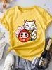 Ladies Beautiful Short Sleeved New Years Happiness Lucky Cat And Damo Series Printed Round Neck Casual Top With Lucky Words