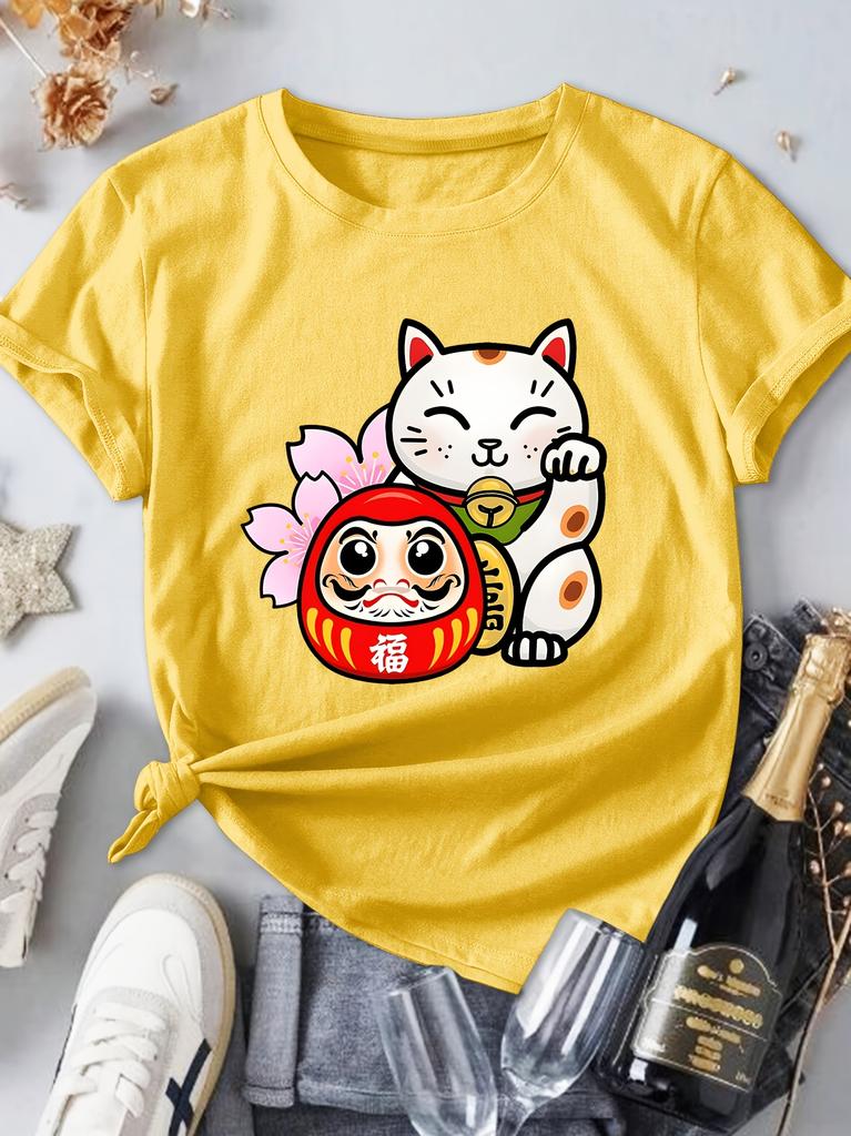 Ladies Beautiful Short Sleeved New Years Happiness Lucky Cat And Damo Series Printed Round Neck Casual Top With Lucky Words