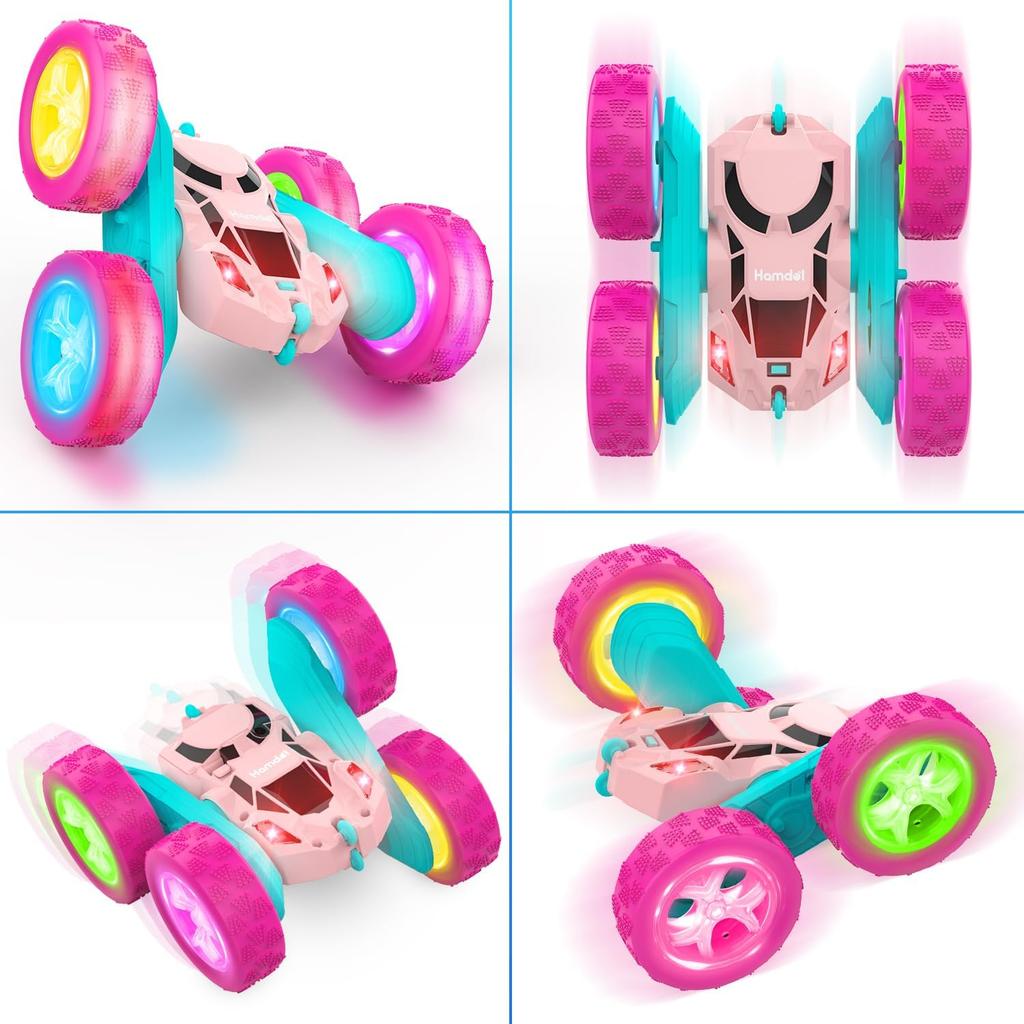 Pink Remote Control Car for Girls 6-12 Year Old Double Sided 360Captive Rotating 4WD Rechargeable RC Cars Race Stunt Toy Car for Kids Birthday