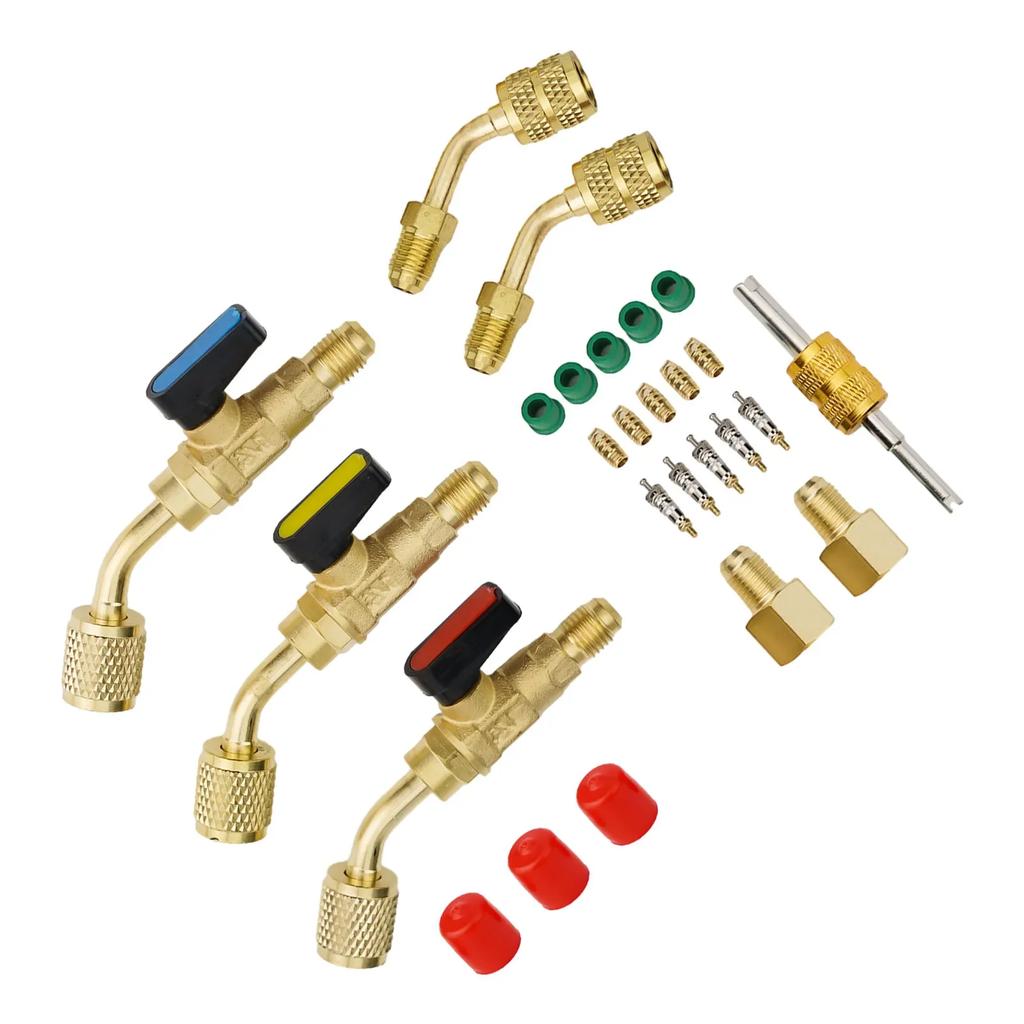 R410A R134A R22 AC HVAC Angle Compact Ball Valve Kit, Strong Earth Copper Construction, 45 Degree Angle Design