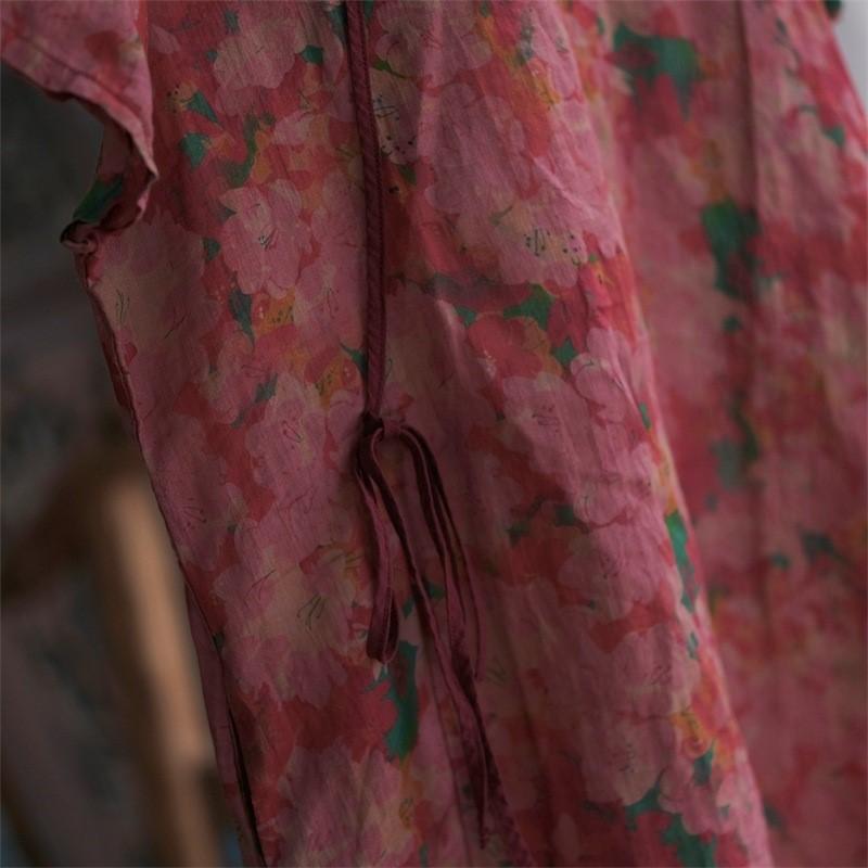 Johnature Summer Woman Vintage Style Linen Print Disc Buckle Dress V-Neck Chinese Style Short Sleeves Casual Dress