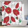 Waterproof Bath Curtains with Floral Print Featuring Red Poppies and Green Leaves Decorative Shower Liners for Bathroom Decorati