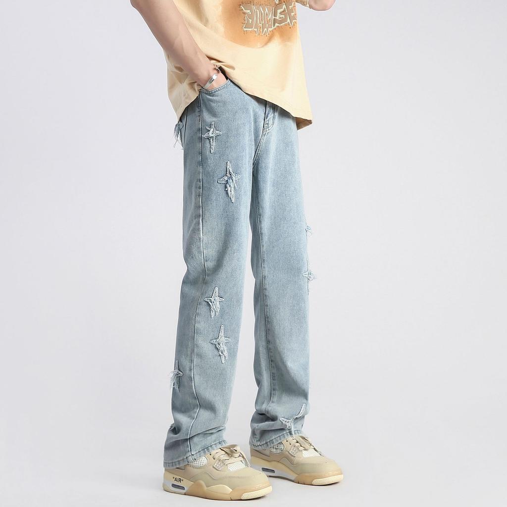 Мужские мешковатые джинсы Y2K из 80% хлопка со звездами, джинсовые повседневные расклешенные брюки, спортивные штаны для мужчин, американский стиль, 2023