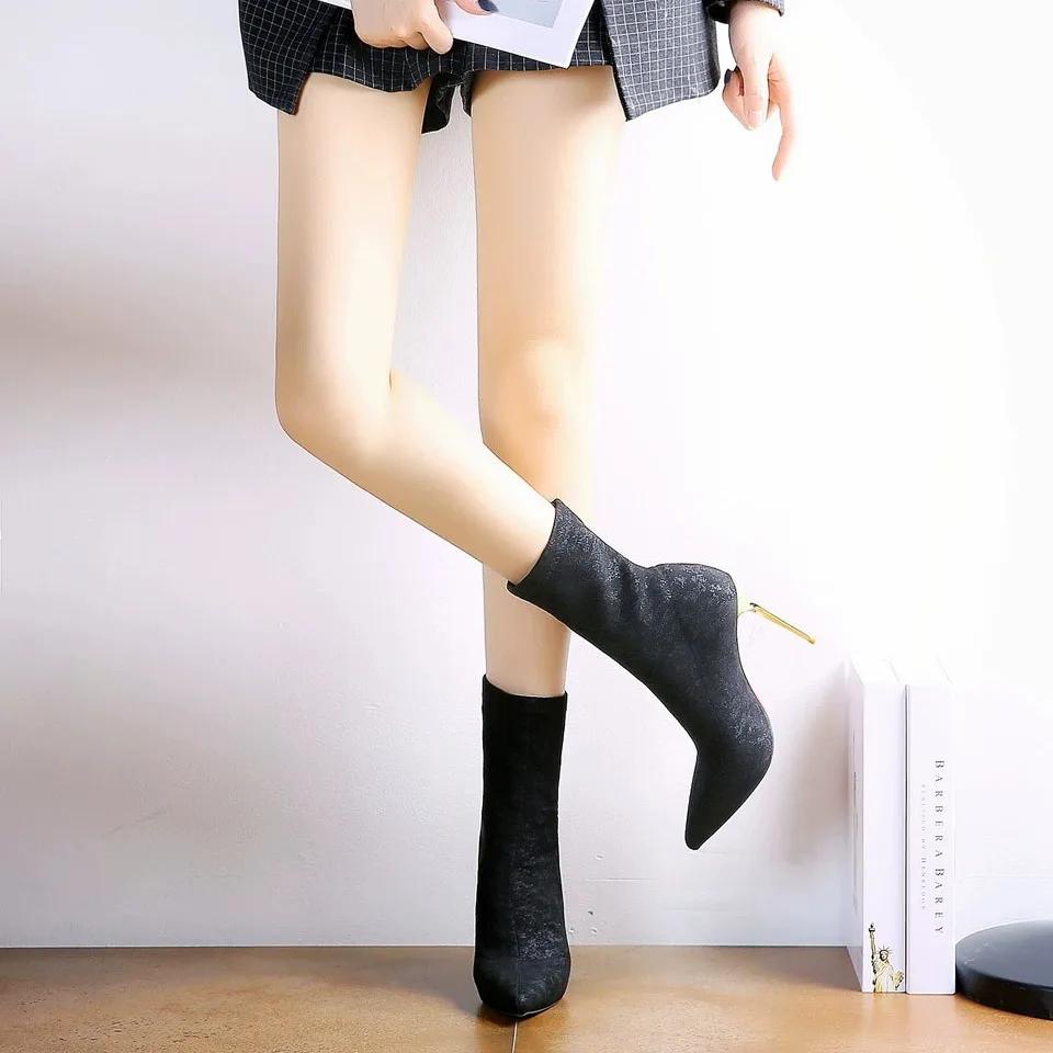 Ladies Mid Calf Shoes Pointed Toe Elegant Heeled High Heels New In Women's Half Boots Chic Comfortable Large Size Warm 2024 Work