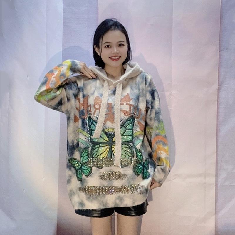 Korean Style Butterfly Rhinestone Hooded Sweater - Women's Loose Knit Pullover, Plus Size, Casual Crew Neck for Autumn/Winter