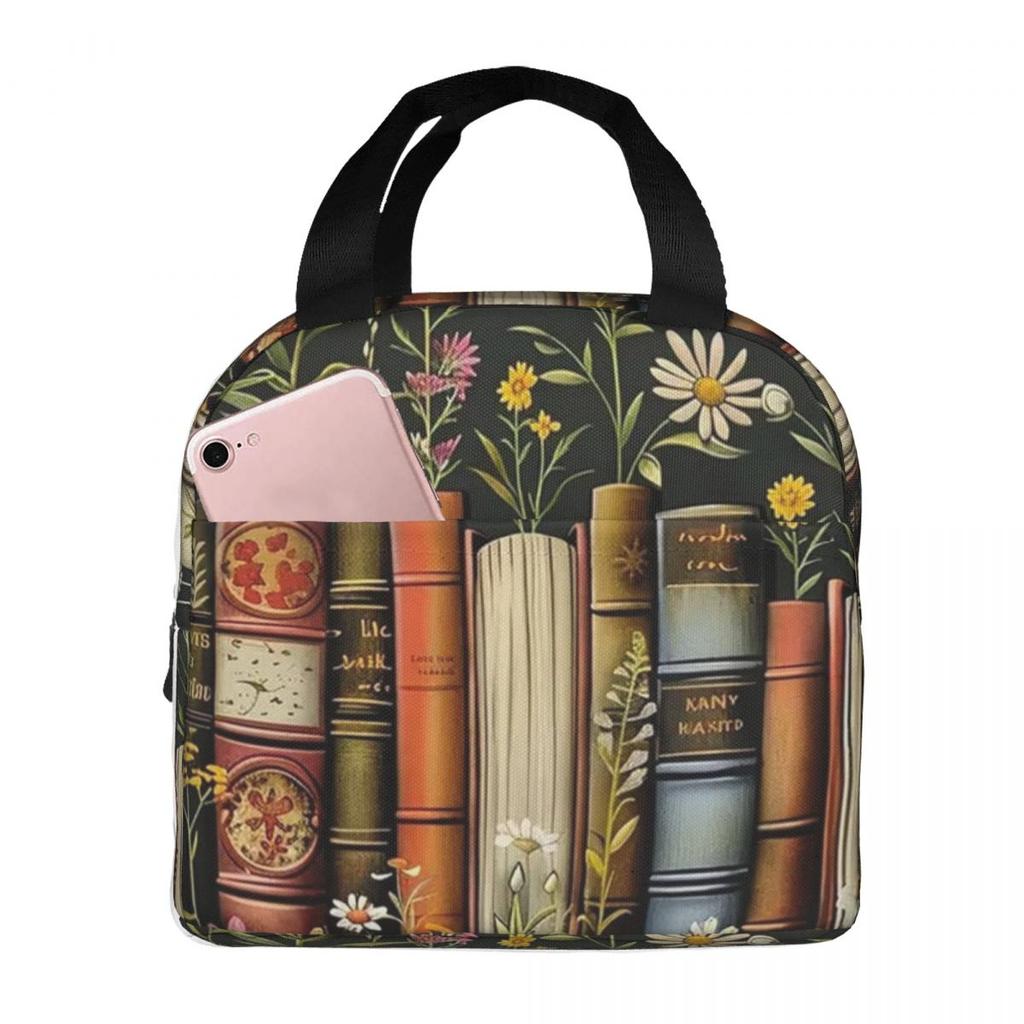 Floral Bookshelf Book And Flower Insulated Lunch Bag for Women Children Leakproof Food Boxes Thermal Lunch Box Tote