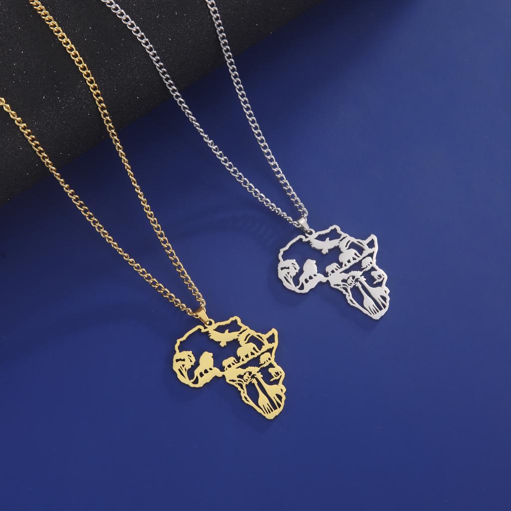 Myshape Animal Map Lion Giraffe Elephant Pendant Stainless Steel Necklace Men's and Boys Fashion Ethnic Jewelry Gift