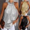 Silver Women T-Shirts Halter Neck Black Summer Shiny Solid Sleeveless T-Shirt