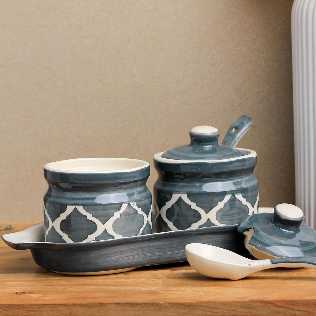 Grey Moroccan Ceramic Pickle Jar with Tray and Spoon | Jar with Lid | Ceramic Container for Pickle, Spices & Sauces | Barni with Lid, 250 ML Each