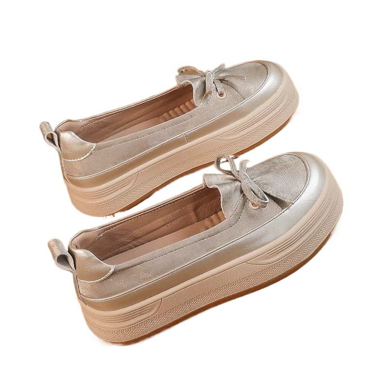 Мода 2024 Весна и осень Новые модные туфли с круглым носком и бантом из кожи с цветным блоком на толстой подошве для женщин