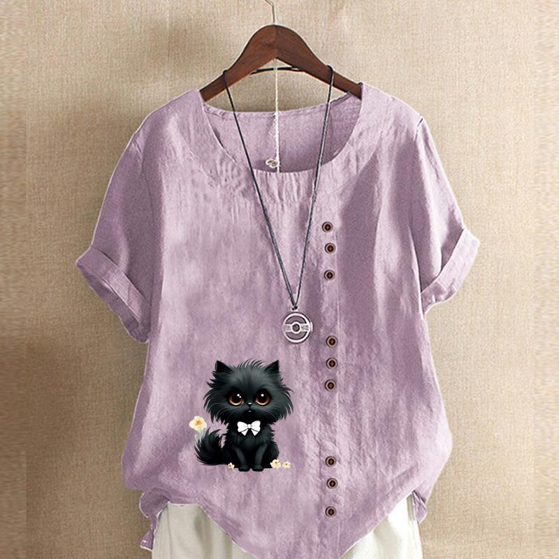 Women's Fashion Cat Prined Short Sleeve T-shirt Loose Cotton Shirt Casual Loose Summer Blouse Tops Plus Size