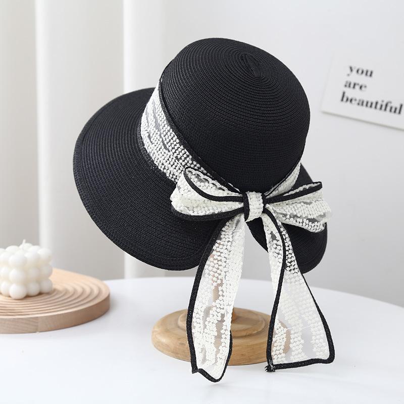French sweet lace bow bucket hat women's summer sunshade streamer straw hat seaside vacation beach sun hat