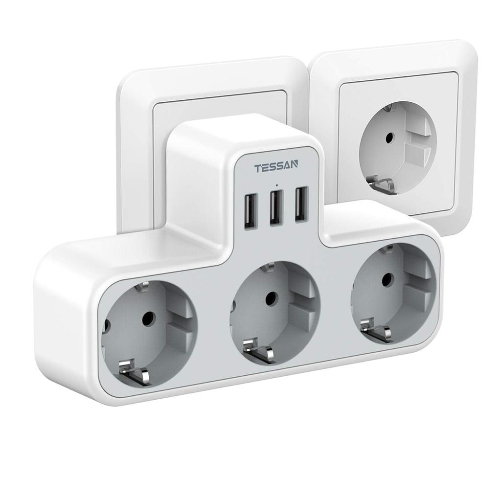 Tessan Multiple Power Strip Electrical EU Plug Extension Socket 3 Outlets with 2/3 USB Ports Wall Charger Adapter for Home Travel
